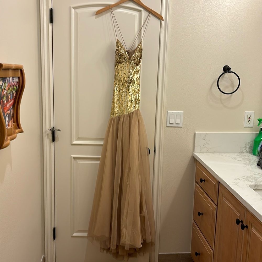 Sherri Hill woman's gorgeous gold beaded with nude lace at the bottom dress